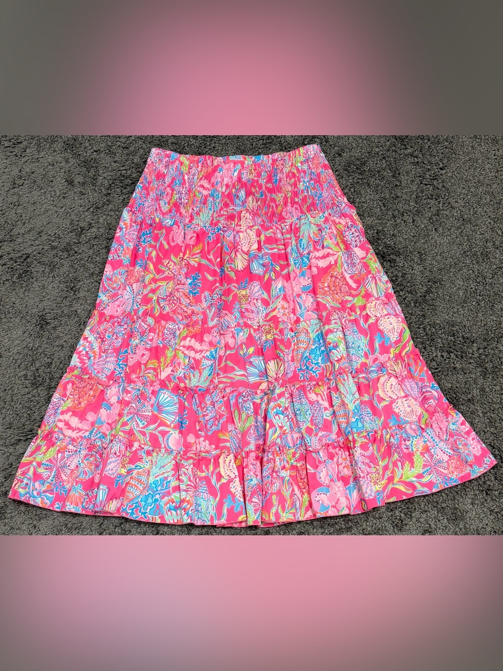 Lilly Pulitzer Deavan Smocked Waist Tiered Midi Skirt Shell Me Something Good L